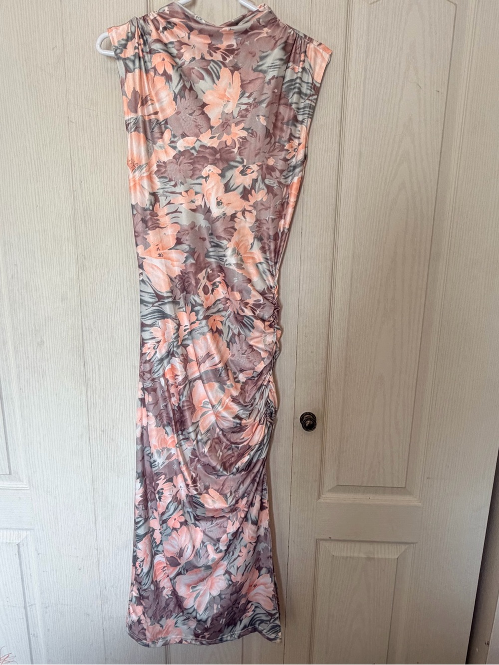 SHEIN Pink and Taupe Floral Ruched Maxi Dress